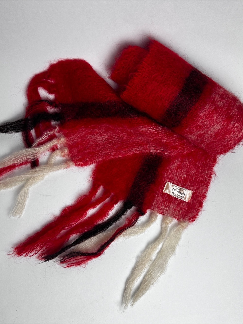 Vintage Gimbels Mohair Wool Scarf Made in England Red Plaid 62”